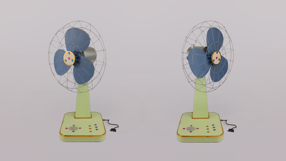 A paper desk-fan with rotating heads and blades