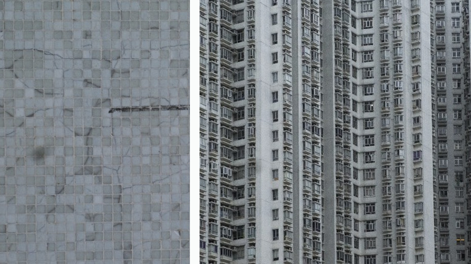 Student work: Tiled buildings, detail (left) and in context (right), by Rose McEwan